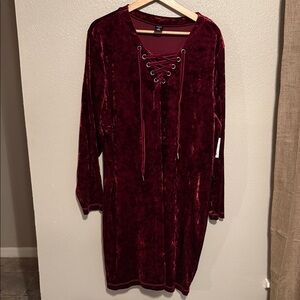 City Streets Maroon Lace-Up Crushed Velvet Long Sleeve Dress